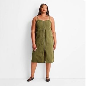 Olive Green Nylon zip up Midi Dress